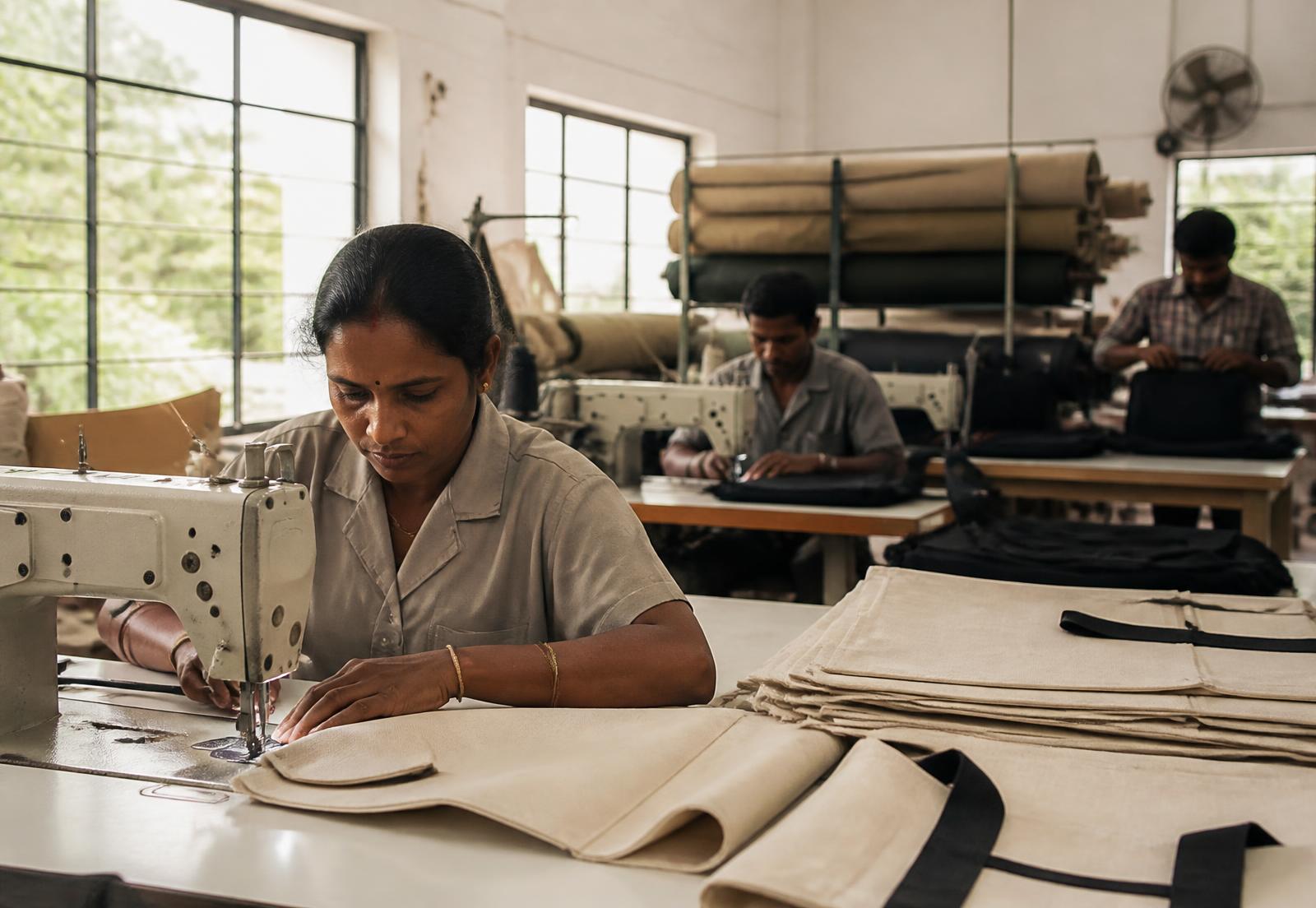 Workers stitching canvas bag panels on industrial machines inside a bag manufacturing workshop