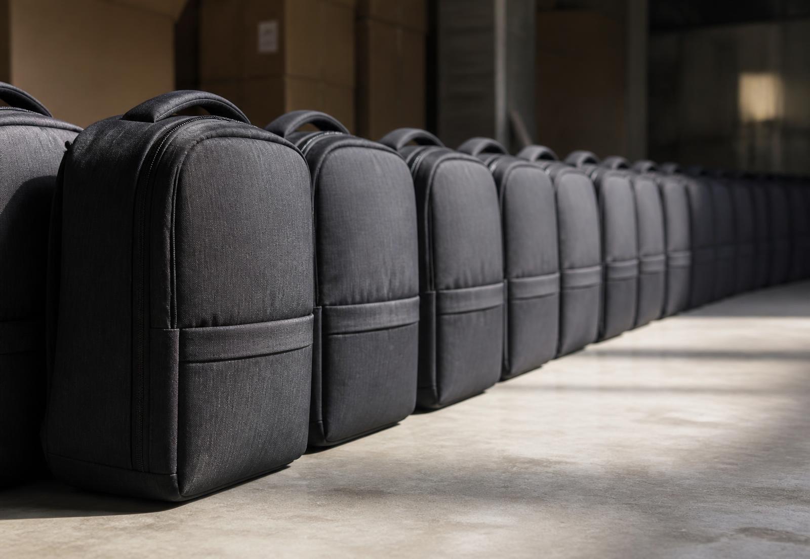 A long row of identical charcoal corporate backpacks ready for dispatch