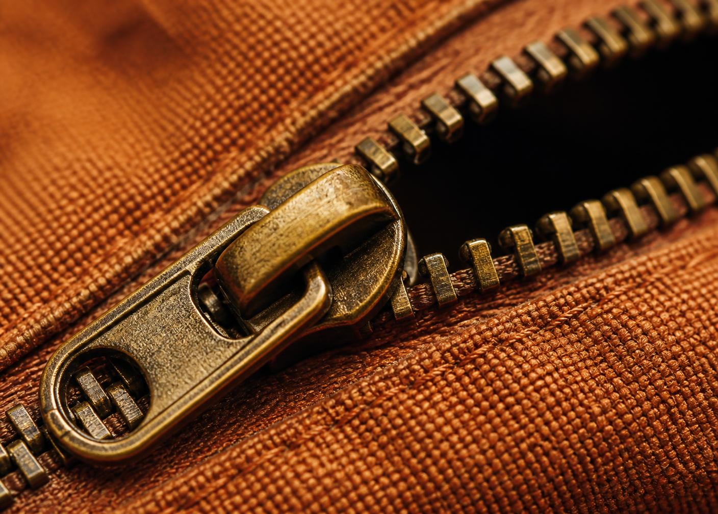 Macro detail of a brass zip pull on burnt amber canvas
