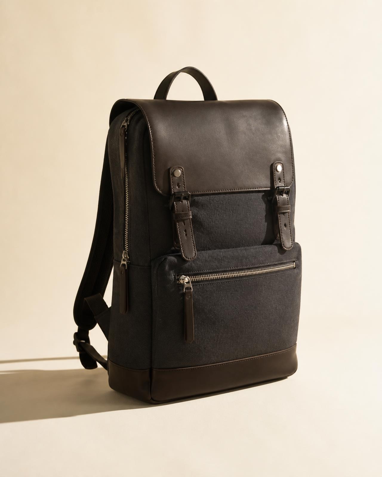 Custom manufactured charcoal canvas and leather laptop backpack on an ivory studio background